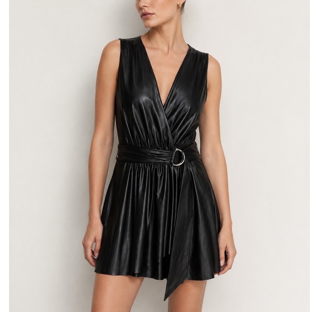 Ramy Brook Lily Women's 6 Black Wrap Mini Dress Party Faux Leather Chic Trend